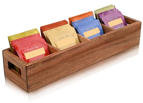 Chicvilla Acacia Wood Tea Bag Organizer with 4 Slots – Tea Bag Holder and Tea Organizer, Sugar Packet Storage for Countertops
