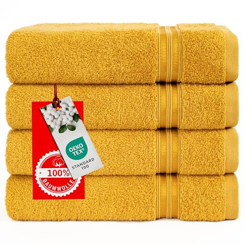 Hammetex 4er Badetuch Set, 100% Baumwolle Premium Qualität Groß 50x100cm Handtuch, Weich Saugstark Schnell Trocknendes Händehandtuch, Senf
