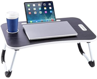 CROWNSHOP Laptop Table, 60 X 40 X 28cm Bed Table, Bed Desk Stand With Foldable Legs & Cup Slot Notebook Stand Computer Laptop Bed Table Laptops Tray For Sofa Bed, Pink (Black Brushed)