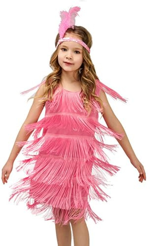 Faldas para bebé niña, con lentejuelas, volantes, vestido de baile latino, borla, vestido de tango, disfraz de baile de salón con diadema de plumas para niñas 92, Rosa., 4-6 años