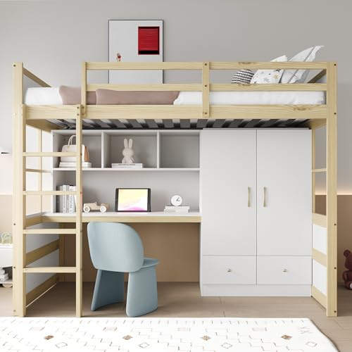 Cama alta 90x200 con escritorio y armario - Moimhear Cama infantil y juvenil que ahorra espacio, color madera, escalera, almacenamiento y 2 cajones