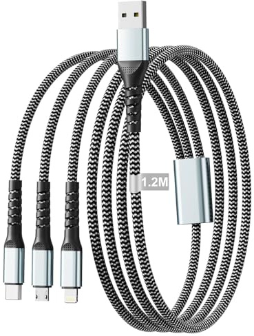 Cable Multiple Cargador 1,2M, 3 en 1 Multi Cable de Carga Nylon de cable iPhone,cable USB C Incluye Cable-Lightning/Micro USB/Tipo C para iPhone 17 16 15 14 12 X 7,Samsung,Huawei,OnePlus,Android y más