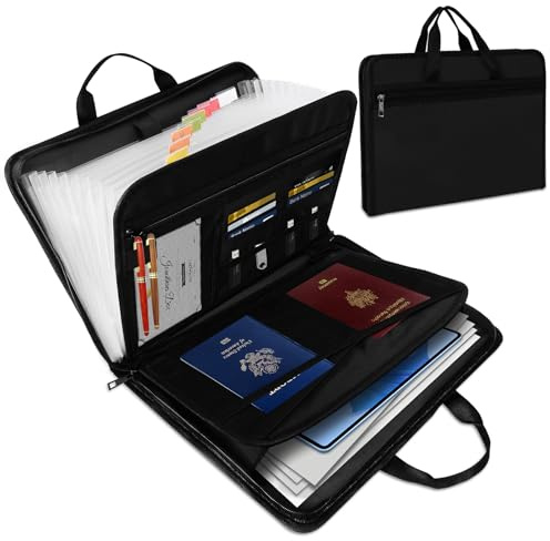 Brandsäker dokumentficka med handtag, skrivmapp A4 & konferensmapp A4, 13-fack dragspelsdesign, brandsäker, dragkedja, transparent, svart (36,5 x 26,5 x 4,8 cm)