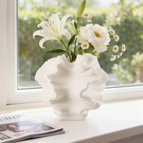 TranRantic Vaso in Ceramica Beige, Vaso da fiori Magic Wave Modern, Vasi Decorativi Estetici per Moderno Boho Nordico, Minimalista, Vasi Decorativo per la Casa Soggiorno L'ufficio Tavolino da Caffè