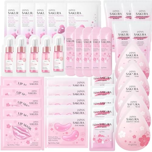 40PCS Pamper Gifts for Women - Girlsfriend Gifts - Skincare Set with Face Mask,Lip Mask,Eye Masks,Face Serum,Face Cream,Hand Cream,Exfoliating Scrub Hydrating & Nourishing Skin Care Gift Set (Sakura)