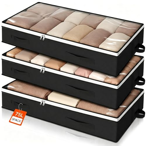 Romon 3 Piezas Bolsas Almacenaje Ropa Debajo De La Cama, Cajas Plegables De Tela No Tejida Organizador Debajo de La Cama, con Ventana Transparente, para Mantas, Ropa