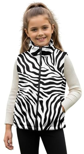 Renewold Fuzzy Warm Jacket with Pockets Boys Girls Fleece Vest Zebra Stripe Print Vests Full Zipper Sleeveless Outerwear Toddlers Kids Teens Coat Spring Fall Winter Clothing 11-12 Years