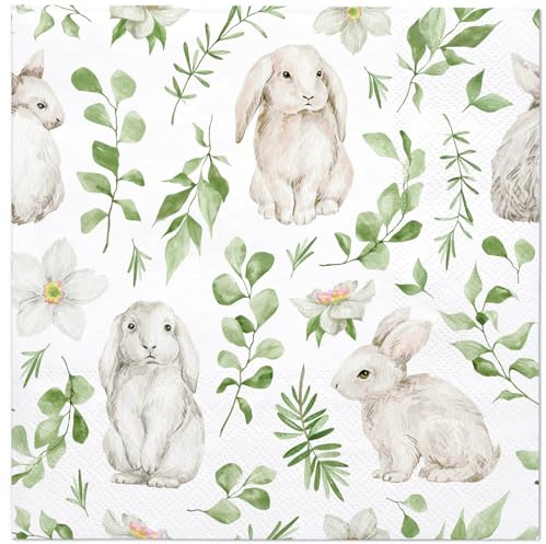 WRAPAHOLIC 50Pcs Easter Cocktail Napkins - 3-Ply Easter Grass Bunny Disposable Paper Napkins for Spring, Birthday and Baby Shower - 5 x 5 In
