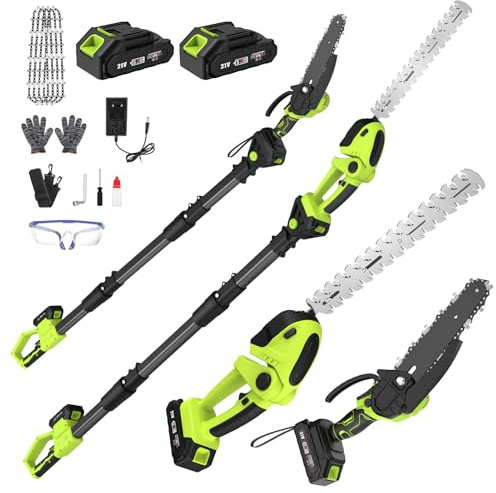 Kit Motosega e Tagliasiepi con Asta Telescopica, 4 in 1 Kit Potatura Sega Elettrico Mini Motosega, 4* Catene 6, 2 * 4000 mAh Batterie Ricaricabili per Tagliare Giardini, Arbusti, Rami