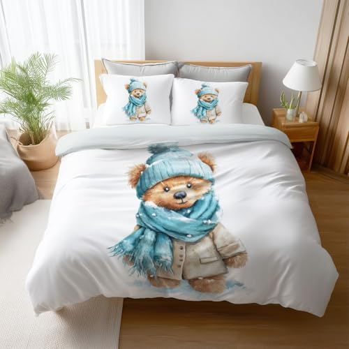 Slitstarka sidenblå vita året runt-sängkläder minimalistiska söt nallebjörn mikrofiber lättskött material premium för barn pojkar flickor sängkläder B 155 x H 220 cm