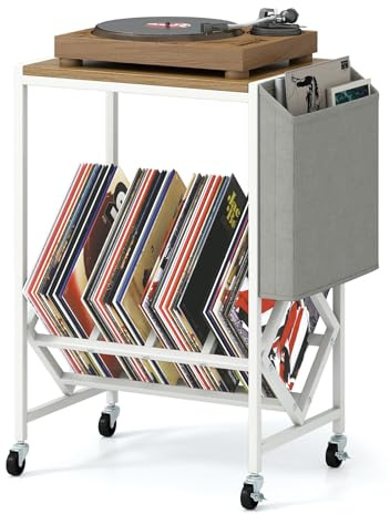 COSTWAY Meuble Platine Vinyle a Roulette, Petit Support pour Tourne-Disques avec Poche, pour 100 Albums Disques CDs, Cadre en Métal, Meuble Rangement Vinyle Hifi pour Salon, Chambre (Naturel)