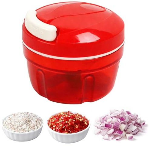 Tritatutto Manuale con Lame Acciaio Inox & Cordoncino, Affettatrice Cipolle 300ml, Taglia Verdure Multiuso, Tritaverdure Mini Cucina, Tagliaverdure per Aglio, Noci, Frutta, Carne (Rosso)