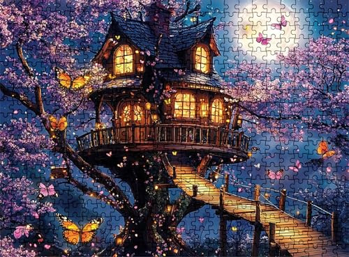 Pussel 1 000 delar, träpussel vuxen dröm trädhus impossibla klassiska jigsaw pussel 75 x 50 cm, familjespel, pussel stressminskning tankespel, pusselälskare w0-625