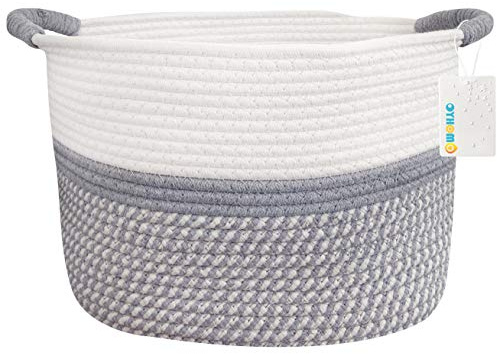 OYHOMO Panier en Corde de Coton Pliable Panier de Rangement Tissé Ovale avec Poignée pour Jouets, Couches, Panier à Linge Bébé, Panier de Décoration,35 x 25 x 25 cm - Blanc&Gris