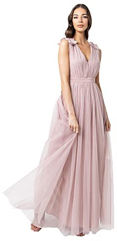 Maya Deluxe Femme Longue avec Volants et Col en V Sans Manches, Taille Haute Empire, pour Bal, Invité, Mariage, Robe de demoiselle d honneur, Rose Givré., 46 EU