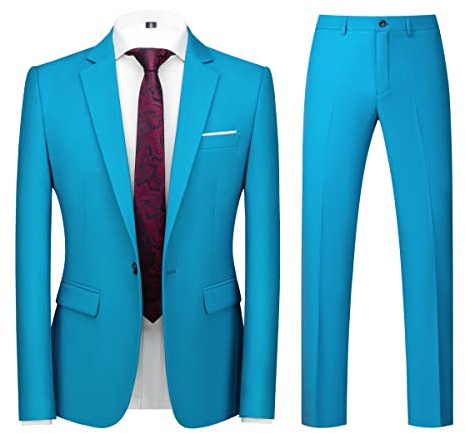 Men Suits 2 Piece Slim Fit Single Breasted One Button Wedding Business Casual Tuxedo Suit Blazer Trousers Suit Set Light Blue X-Larger