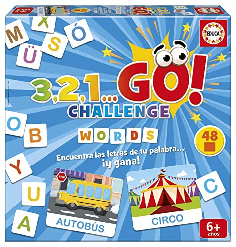 Educa - 3,2,1, GO Challenge Words, ¡Encuentra Las Letras de tu Palabra Antes Que Nadie con 48 Palabras y 150 Letras mayúsculas, De 2 a 5 Jugadores, A Partir de 6 años (19391)