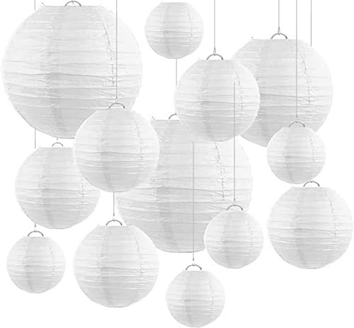 ASelected 24 PCS Weiß Papier Laterne, 25/20/15/10 cm Runde Papierlampions Zum Aufhängen Runde, Lampions Weiß Papierlaterne für Deko, Hochzeiten, Geburtstage