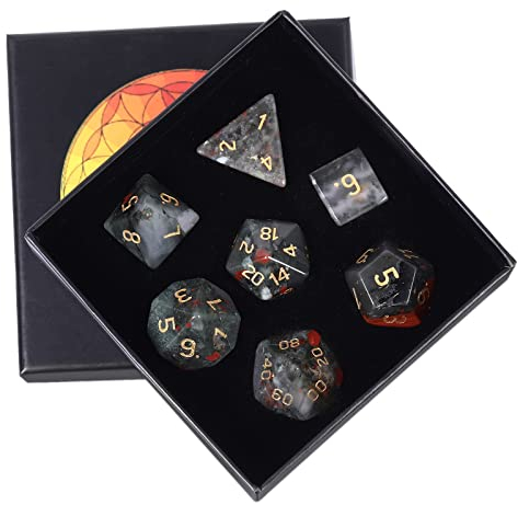 KYEYGWO Afrika-Blutstein Kristall Polyedrische Würfel Set, 7pcs Reiki Heilung Stein Polyedrischer Spielwürfel für Dungeons und Dragons RPG DND Dice Tischkartenspiele Brettspielwürfel