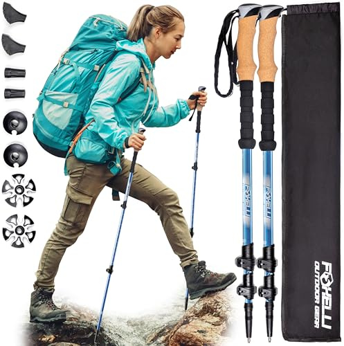 Foxelli vandringsstavar i kolfiber – lätta hopfällbara vandringsstavar, stötdämpande promenadkäppar med naturliga korkgrepp, flip-lås, 4 säsonger/alla terränger och bärväska