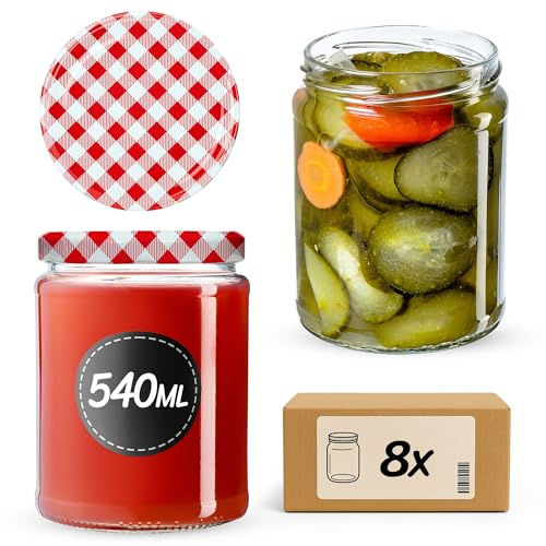 KADAX Tarros de cristal de 540 ml, tarros para conservas, tarros para tapa de rosca, cristal, mermelada, tarros de conserva, tarros redondos (cuadros rojos)