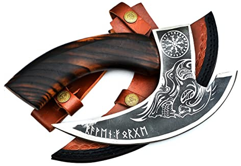 Handmade 11” Pizza Cutter, 10” Cutting Blade with Carbon Steel, Leather Sheath, Skull Design, Viking Style Pizza Cutter Design. Multi-Purpose Cutter… (Dark Wood Handle)