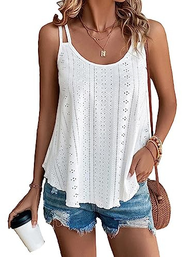 BKEPDY Camiseta Tirantes Mujer Tank Top Camisola Verano Bordado Perforado Cuello Redondo Doble Tirante sin Mangas Blusa Casual Tops Ropa Deportiva Algodón