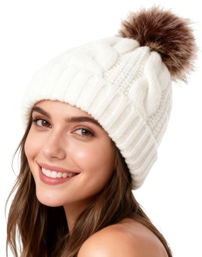 Winmany Gorro de invierno cálido para mujer, gorro de punto con pompón, gorro de esquí para mujeres y niñas, Blanco, talla única