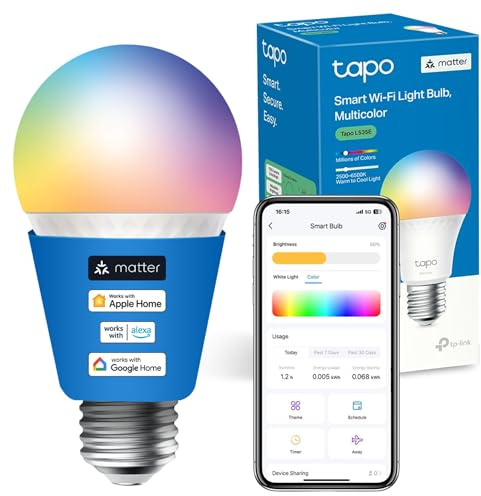 Tapo L535E E27 Smart Bulb, Alexa Light Bulb, Matter-Certified, Multicolour, 8.6W (75W), Auto Schedule and Timer, Away Mode, Dimmable, Energy Monitoring, Voice Control Via Alexa and Google Assistant