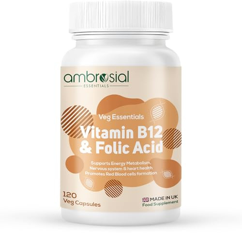 Ambrosial Vitamin B12 1000 mcg (Cyanocobalamin) & Folic Acid Tablets 500 mcg – Dual Formula in One Capsule – B12 Supplement for Women & Men –Vegan, GMP Certified – 120 Capsules (4 Months Supply)