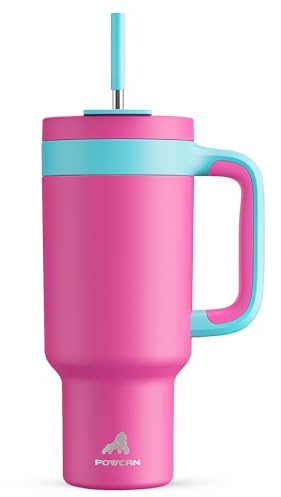 POWCAN 40 oz Tumbler with Handle, 2-in-1 Straw and Sip Lid, Leakproof, Dishwasher Safe, Insulated Stainless Steel Travel Coffee Mug, Keeps Cold for 34 Hours, Fits in Car Cup Holder (Petal)