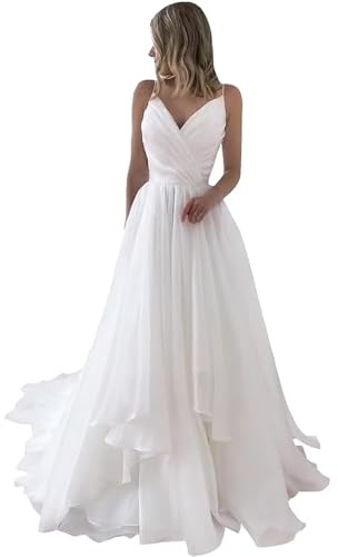 Women's White A Line Simple Wedding Dresses for Bride 2025 Chiffon V Neck Floor Length Bridal Dress Trumpet Spaghetti Strap Sleeveless Backless Wedding Dress US0