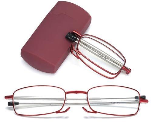 VEVESMUNDO Blue Light Blocking Folding Reading Glasses Portable Compact Small Slim Reader in Tube Case (Red, +2.5)