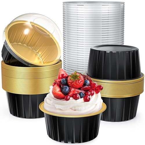TLAZZ 40 Pack 5 OZ Mini Cake Pans with Lids, Disposable Aluminum Foil Ramekins Muffin Tin, Round Brownie Pudding Cupcake Baking Cups, Mini Cake Containers Flan Molds for Wedding Birthday Party