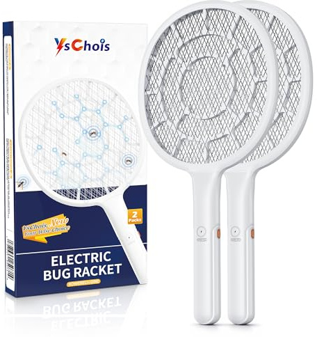 YsChois Electric Fly Swatter, Bug Zapper, Mosquito Zapper Racket | Gold Zone Voltage, Densest 3 mm Mesh, Apple-Like Weight - AA Battery Powered (not incl.) - Indoor & Outdoor, Pro Swat Tips, 2 Packs