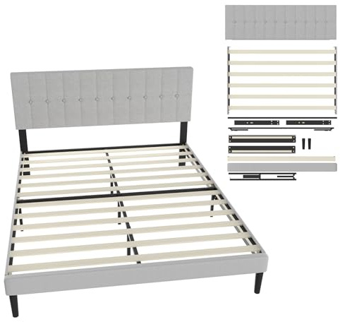 UISEBRT Letto imbottito 160 x 200 cm - Telaio letto con bottoni, struttura letto con testiera imbottita in lino, supporto a doghe in legno, letto matrimoniale per adulti, design moderno (grigio chiaro
