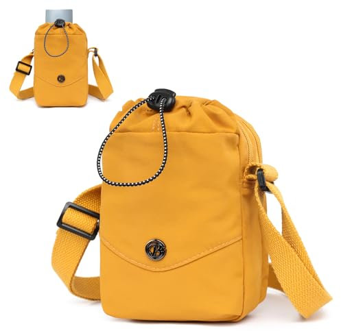 Myhozee Damen Handtasche Nylon Umhängetasche Kleine Handytasche Tasche Herren Crossbody Bag Wasserdicht Taschen mit Trinkbecher-Aufbewahrungstasche Gelb