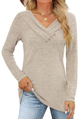 Fisoew Camiseta de Manga Larga para Mujer, Blusa con Cuello en V, Botón, Suéter Suelto, Parte Superior de Otoño., caqui, XL