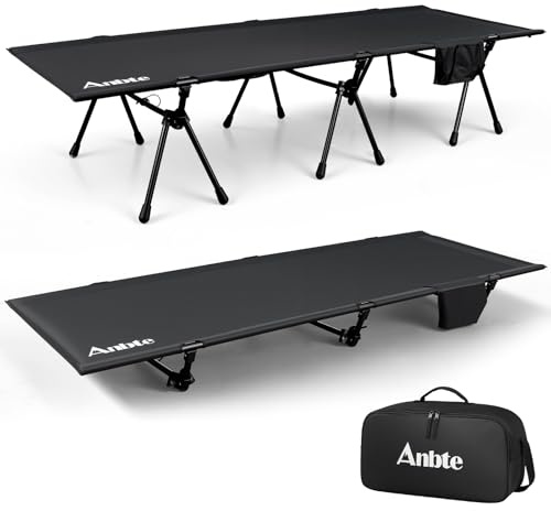 Anbte Height Adjustable Camping Cot with Storage Net & Bag, Support up to 400lbs Comfortable Portable Cots for Adult Folding Bed for Camping Hiking Travel Truck Beach Office Nap, Black