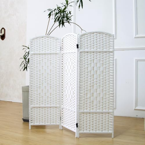Furnnylane 3 Panel Rattan Divider Short Room Partition Screen,Double Sided Folding Divider for Room Separation,White,47.2 H x 47.2 W