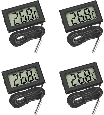 Termómetro digital con sonda externa para frigorífico, congelador, refrigerador, acuario, monitor de temperatura portátil, resistente a la humedad, pantalla LCD transparente, (paquete de 4, negro)