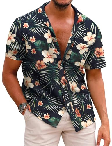 COOFANDY Hawaiiansk skjorta för män blomskjortor kortärmad skjorta skrynkelfri avslappnad strand sommarskjorta normal passform semester skjortor, Palmblad-grön och orange, M