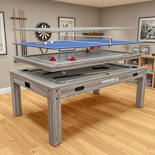 PINPOINT Table multi-jeux 4 en 1 – Billard, air hockey, tennis de table et jeux de table – Table d'intérieur pleine taille de 2,1 m avec accessoires inclus – Finition bois flotté gris pour salles de