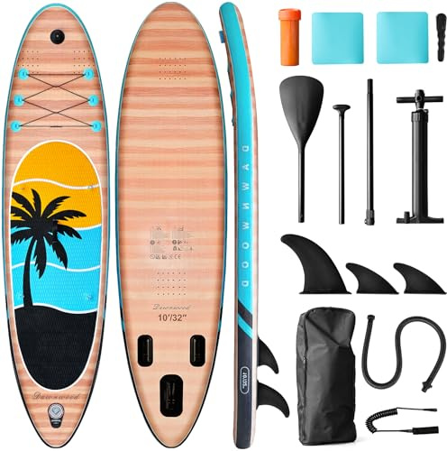 Tavola Da Surf Gonfiabile Adulto,320CM Gonfiabili Sup con Accessori: Pagaia, Pompa,Pinne di Pesce *3,Capacità Carico di 135 KG,Plus Tavola Sup Per Adatto Surfisti Tutti i Livelli (Venature del Legno)