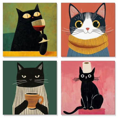 EOBROMD 4 Piezas Gato Elegante Pintar por Numeros Adultos, Pintura por Numeros con Marco, Kit de Pintura al óleo de Lienzo DIY para con Pinceles, Pigmento Acrílico, Decoración para el Hogar 20x20cm