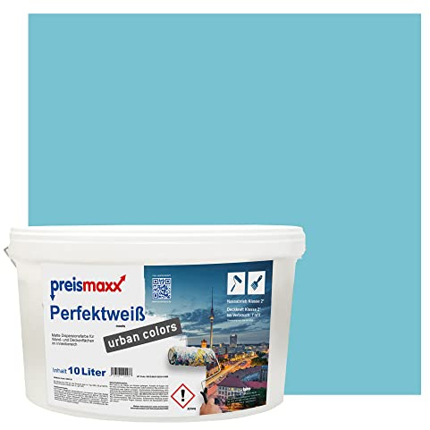 Preismaxx Perfektweiß Wandfarbe blau matt 10L - Innenwandfarbe für kreative Wandgestaltung, Innenfarbe karibikblau, hohe Deckkraft Klasse 2, Trendfarbe für Wohnzimmer, bunte Akzentfarbe