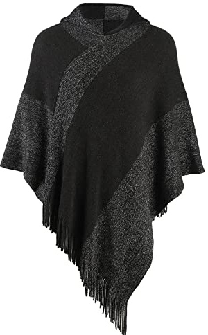 Fomolom Women's Elegant Knitted Shawl Poncho with Fringed V-Neck Striped Sweater Pullover Cape Gifts for Women Mom Black