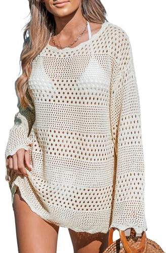CUPSHE Women's Swimsuit Cover Up Bathing Suit Crochet Summer Swimwear Knit Pullover Beach Dress Off-White XL