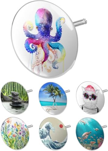 arteneur® - Badewannenstöpsel Universal mit Motiv Wasserfarben Tintenfisch | Dreifach Dichtung | Verstellbar | Rostfrei | Extra Schwer für stabilen Halt | Stöpsel Badewanne Zubehör