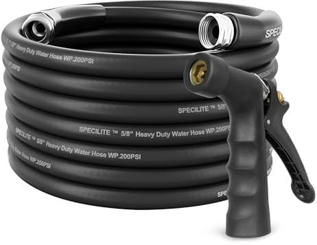 SPECILITE 5/8 Hot/Cold Garden Hose 50 ft with Industrial High Pressure Nozzle, Flexible & Lightweight, 600psi Burst Rubber Water hose -50℉-158℉ With 3/4Stainless Steel Fittings for Yard, Black
